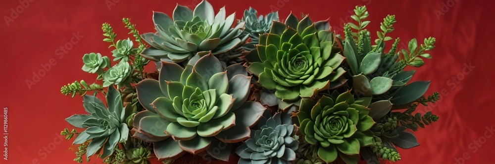 Succulent arrangement in various shades of green on red background, decorative garden, nature Succulent arrangement in various shades of green on red background, decorative garden, nature