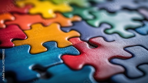 Colorful jigsaw puzzle pieces interlocked, close-up view. photo