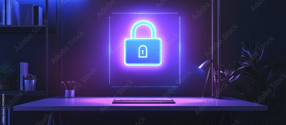 Glowing neon padlock on computer screen in dark office. Glowing neon padlock on computer screen in dark office.