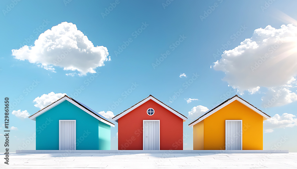 Colorful modern houses against a bright sky architecture outdoor vibrant design aesthetic viewpoint home concept Colorful modern houses against a bright sky architecture outdoor vibrant design aesthetic viewpoint home concept
