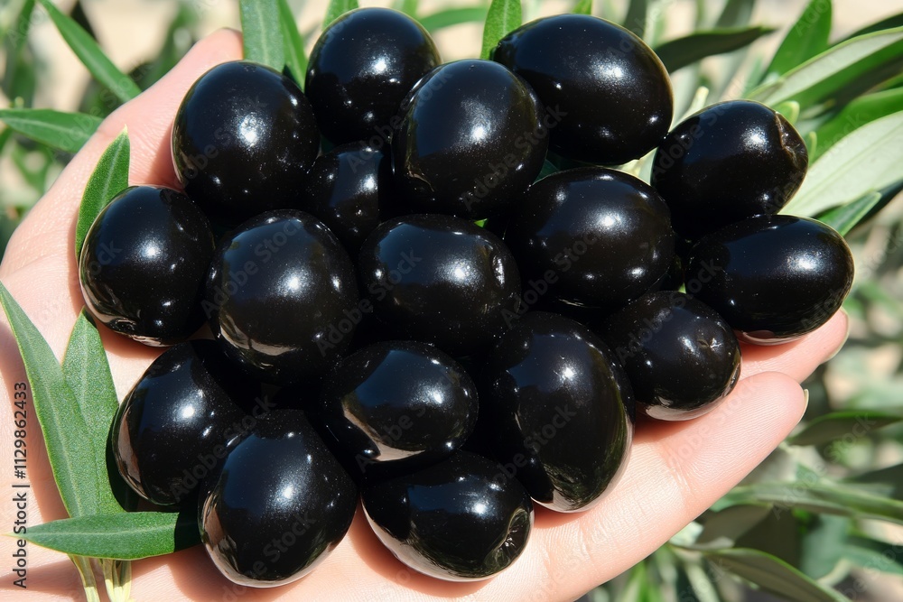 Freshly Harvested Black Olives Displayed in a Hand Surrounded by Green Leaves Emphasizing Natural Beauty and Mediterranean Cuisine Appeal Freshly Harvested Black Olives Displayed in a Hand Surrounded by Green Leaves Emphasizing Natural Beauty and Mediterranean Cuisine Appeal
