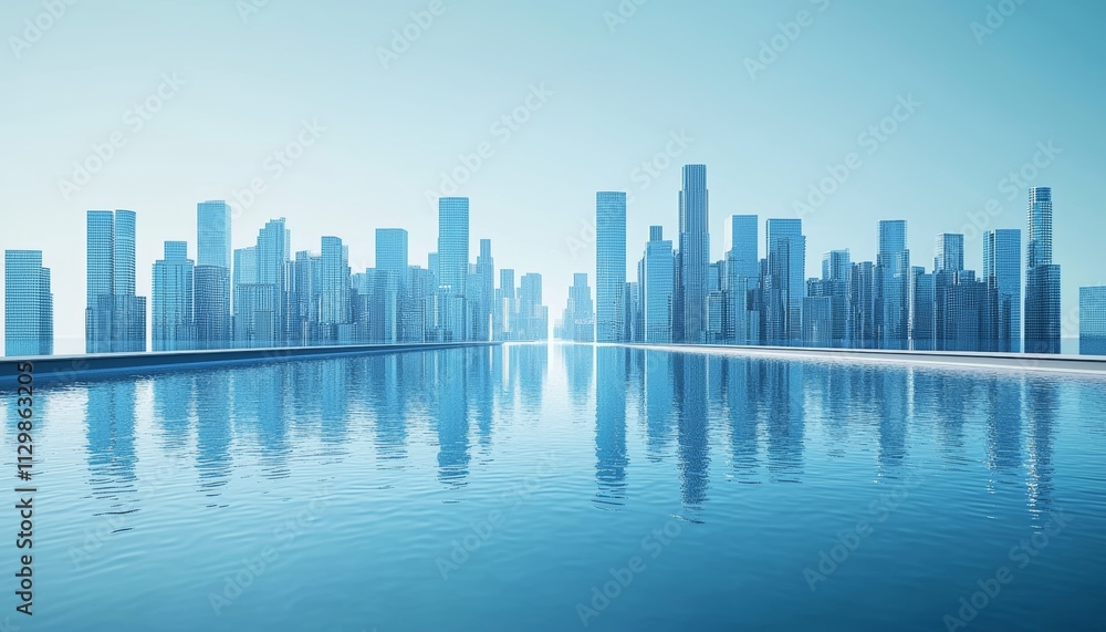 3D rendering of a blue cityscape with buildings and roads on the horizon 3D rendering of a blue cityscape with buildings and roads on the horizon