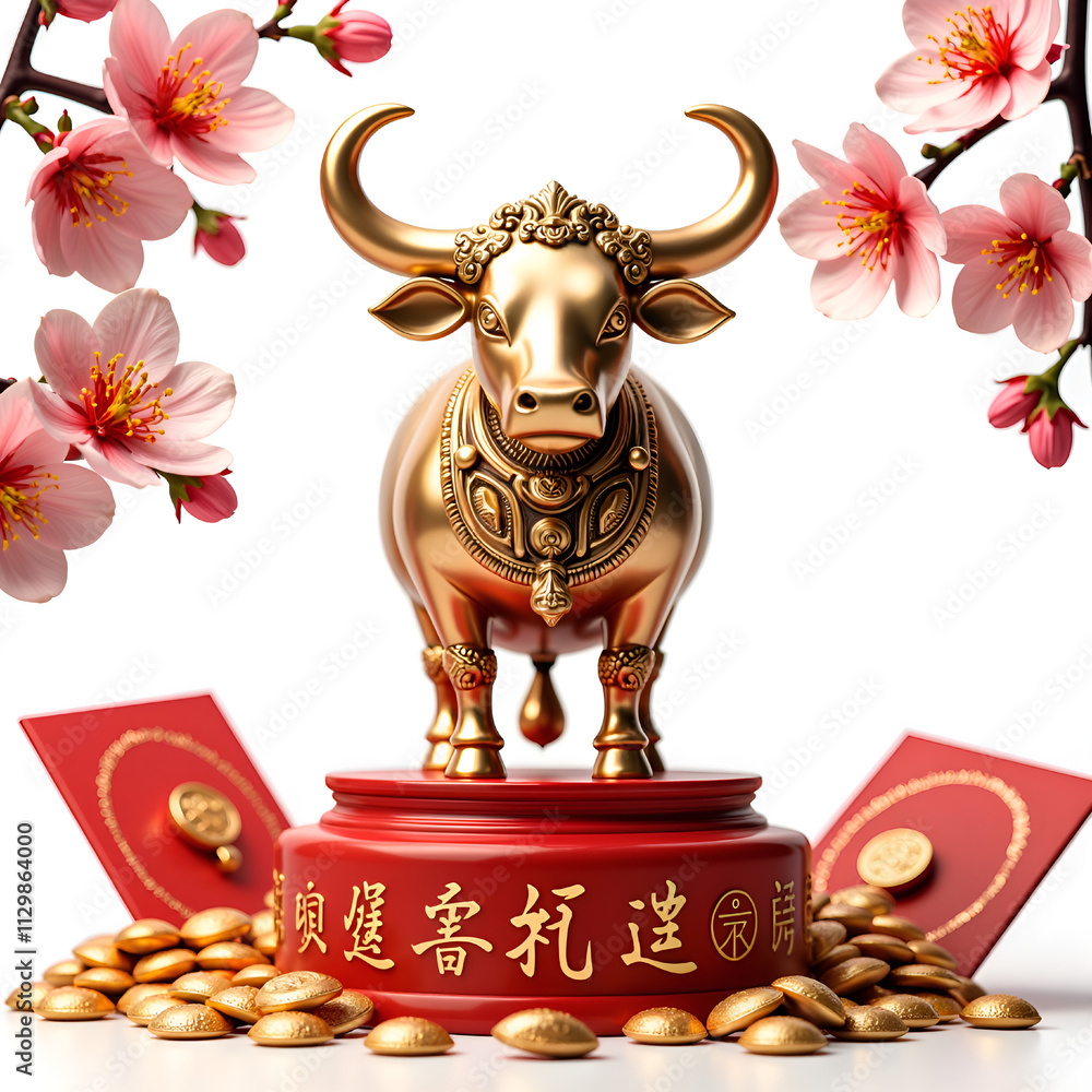 A golden bull figurine surrounded by blossoms and coins symbolizing abundance and wealth, 3d rendering of still life concept. A golden bull figurine surrounded by blossoms and coins symbolizing abundance and wealth, 3d rendering of still life concept.