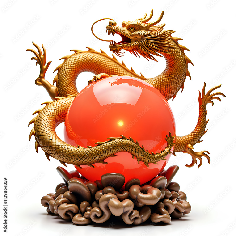 Obraz premium Majestic golden dragon embracing a glowing orb of power, 3d rendering of fantasy art concept.