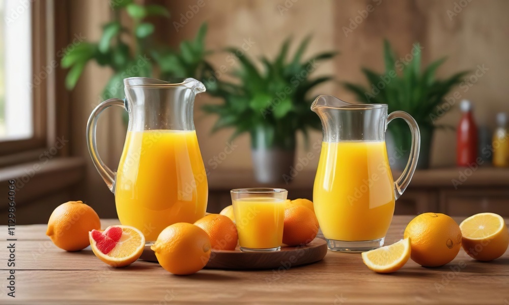 Wooden table with citrus juice pitcher and fresh fruit , fruit bowl, modern home Wooden table with citrus juice pitcher and fresh fruit , fruit bowl, modern home