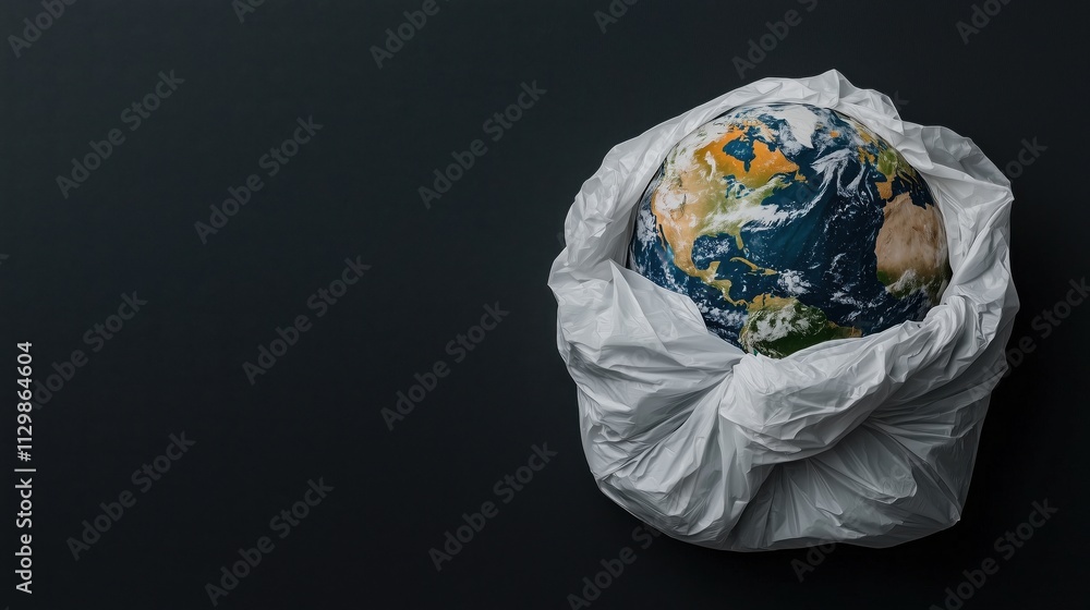 Plastic bag wrapped around a globe against a dark background, symbolizing pollution, space for copy text Plastic bag wrapped around a globe against a dark background, symbolizing pollution, space for copy text