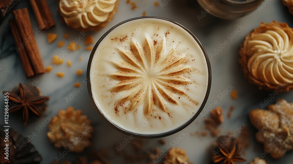 Overhead view of creamy latte art with cinnamon and cookies. Overhead view of creamy latte art with cinnamon and cookies.
