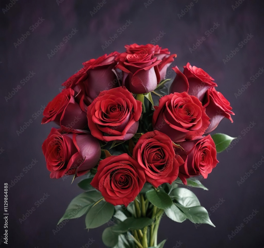 Obraz premium A bouquet of red roses on a dark purple background , floral, roses, Valentine's Day