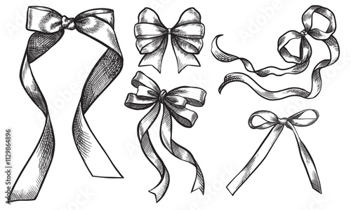 Bow sketch. Collection of decorative holiday ribbons for birthday, wedding or Christmas celebration. 