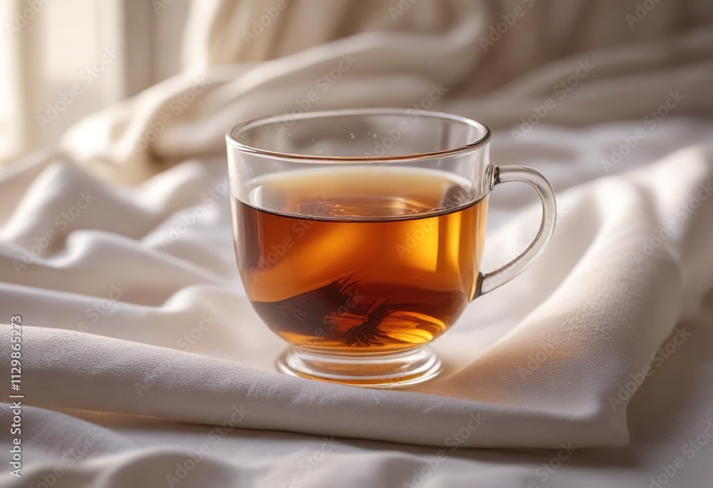 A delicate clear glass cup containing steaming tea on a white linen towel, linen towel, special occasion A delicate clear glass cup containing steaming tea on a white linen towel, linen towel, special occasion
