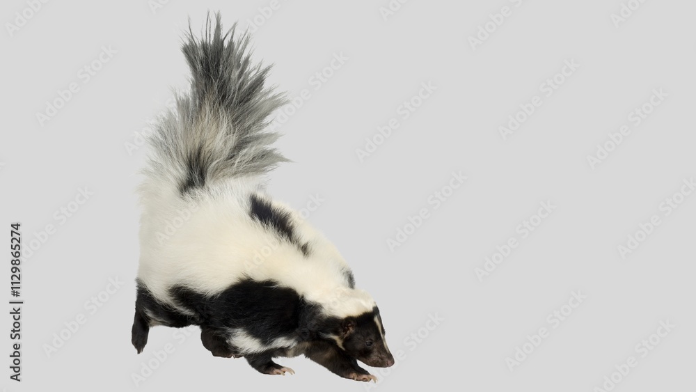 Naklejka premium Striped Skunk Closeup. Adorable Classic Black and White Skunk Isolated on White Background