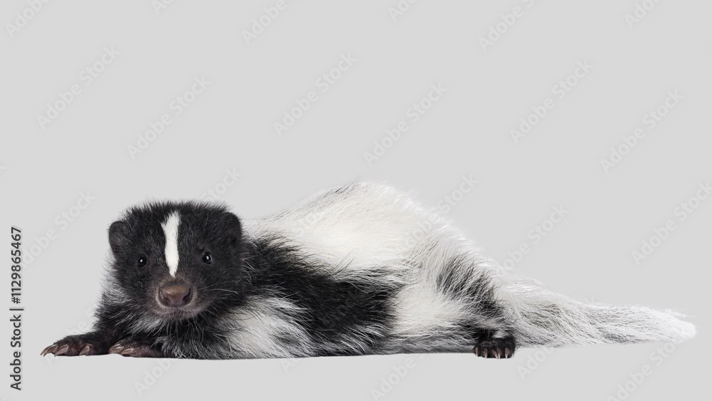 Striped Skunk Closeup. Adorable Classic Black and White Skunk Isolated on White Background