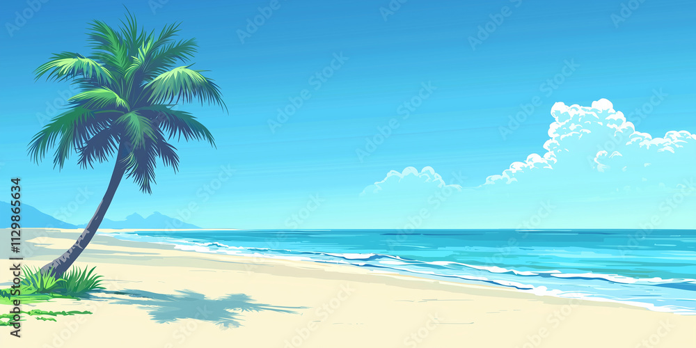 Tropical beach background banner. Palm tree along the beach of beautiful tropical water and sky great for a backdrop or banner with copy space Tropical beach background banner. Palm tree along the beach of beautiful tropical water and sky great for a backdrop or banner with copy space