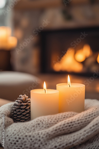 Burning candles and pine cone creating cozy atmosphere by fireplace