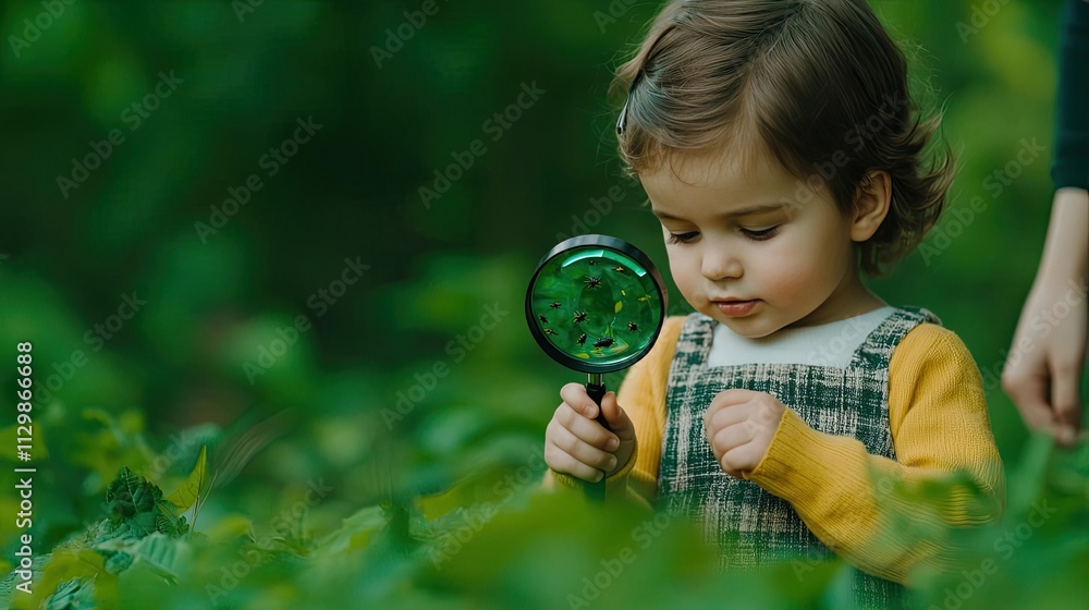 Children parenting idea. Young child exploring nature with a magnifying glass in a lush green environment. Children parenting idea. Young child exploring nature with a magnifying glass in a lush green environment.