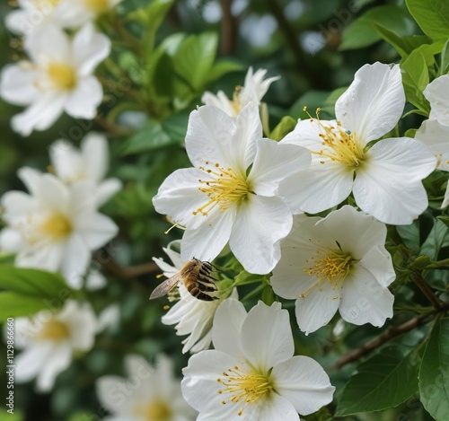 A honeybee sipping nectar from a mock orange bloom in an Alaskan garden, alaskan flora, wildflowers