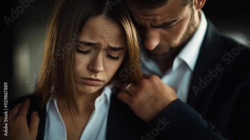 Businessman comforting sad businesswoman, supporting her through difficult time