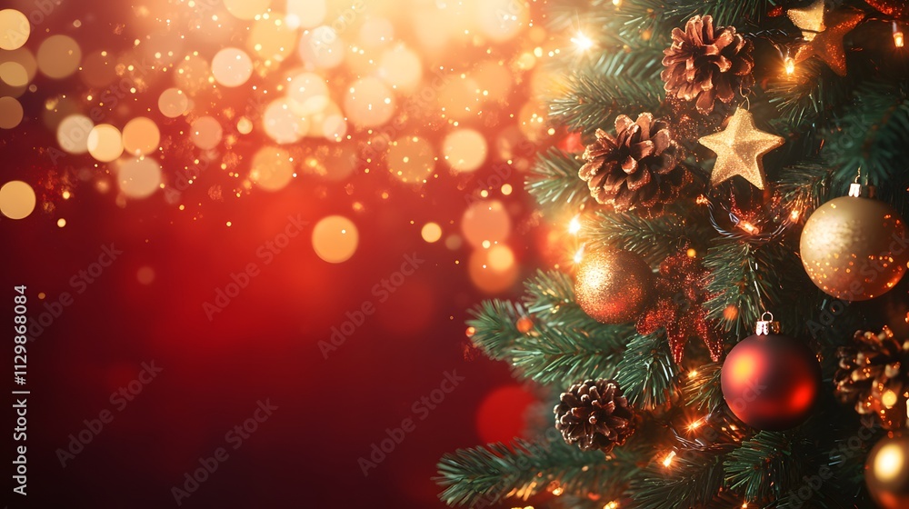 Christmas Tree In Red Shiny Glittering Background - Baubles Hanging On Fir With Abstract Lights,
Christmas Tree In Red Shiny Glittering Background - Baubles Hanging On Fir With Abstract Lights,