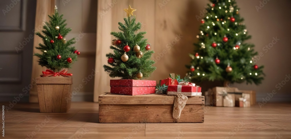 A stack of brown wooden boxes with a small Christmas tree in the background, seasonal decor, stacked boxes A stack of brown wooden boxes with a small Christmas tree in the background, seasonal decor, stacked boxes
