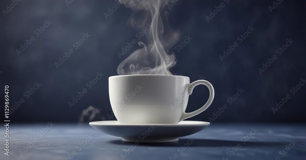 A steaming white cup sits alone on a navy blue surface, solitary object, peaceful ambiance, tranquility A steaming white cup sits alone on a navy blue surface, solitary object, peaceful ambiance, tranquility