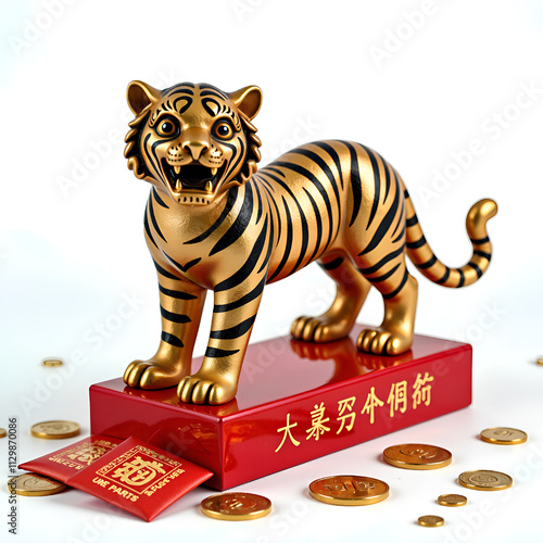 Vibrant golden tiger sculpture symbolizing prosperity and good fortune, photography of product display concept. photo