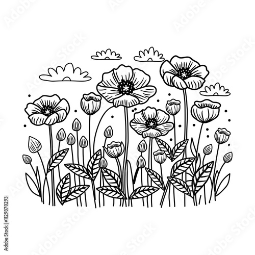 A doodle style icon of poppy fields