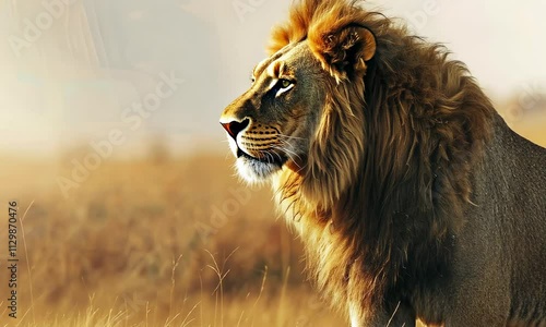 Majestic lion gazing across savannah with golden mane