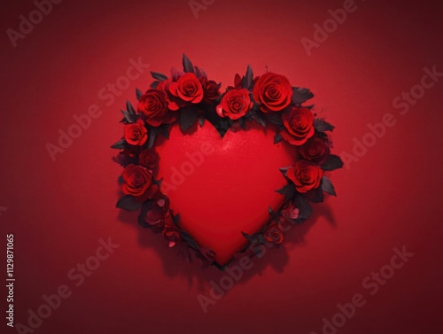 Beautiful Red Heart Surrounded by Roses on a Red Background, Ideal for Valentine’s Day, Romantic Events, Love Themes, and Heartfelt Celebrations
