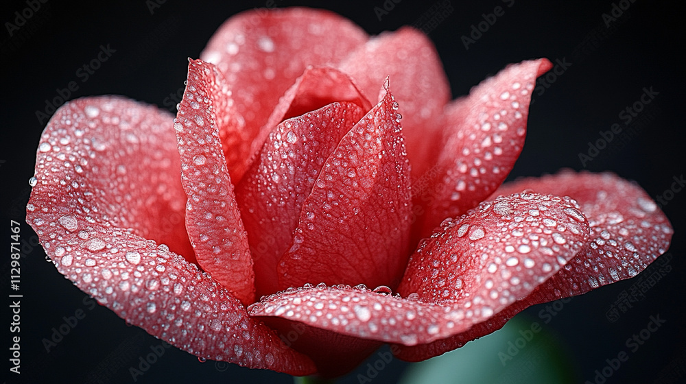 Close-up of delicate red flower petals adorned with water droplets, symbolizing beauty, freshness, purity, and renewal, evoking feelings of tranquility, nature, and the fleeting moments of life Close-up of delicate red flower petals adorned with water droplets, symbolizing beauty, freshness, purity, and renewal, evoking feelings of tranquility, nature, and the fleeting moments of life