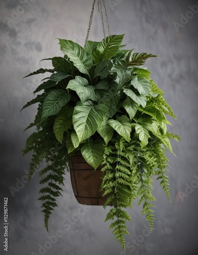 Alocasia gageana Aura Variegated in a hanging basket with ferns and ivy, tropical plants, indoor decor photo