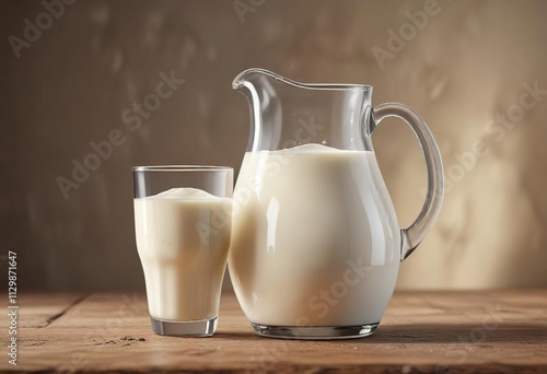 An isolated image of a glass pitcher filled with whole milk from a cow, showcasing the rich creamy texture and fresh dairy goodness, creamy dessert, gallon