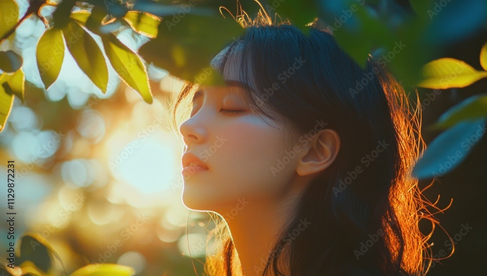 Fototapeta premium Woman with Closed Eyes Basking in Sunlight