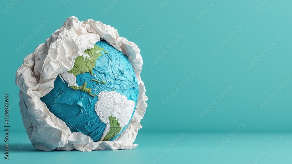 Globe wrapped in plastic and paper on turquoise background Globe wrapped in plastic and paper on turquoise background