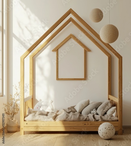 3D Design of a Children's Room with a House-Shaped Bed and Wooden-Framed Poster Resting on the Floor by the Wall