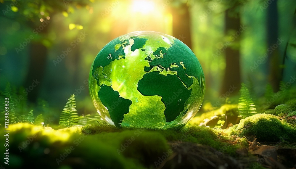Green Globe In Forest With Moss - earth in the grass Green Globe In Forest With Moss - earth in the grass