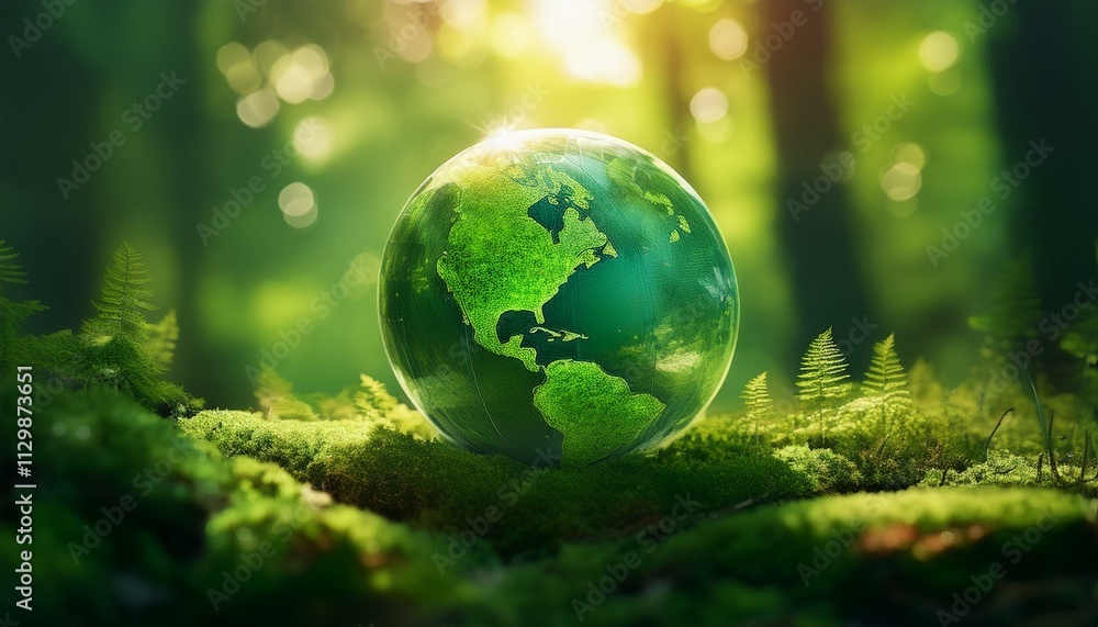 Green Globe In Forest With Moss - earth in the grass Green Globe In Forest With Moss - earth in the grass