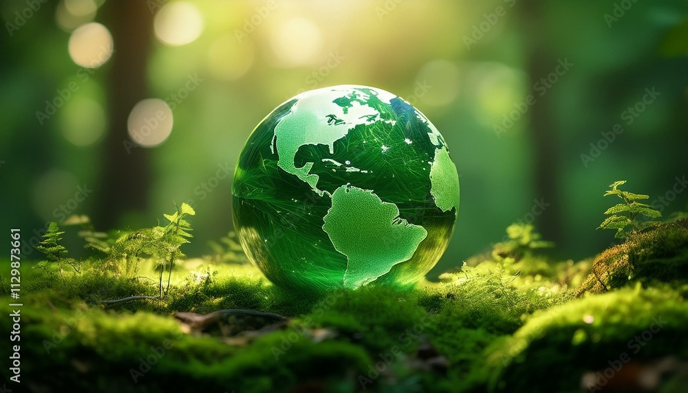 Green Globe In Forest With Moss - earth in the grass Green Globe In Forest With Moss - earth in the grass