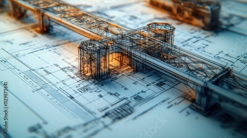 Fototapeta Naklejka Na Ścianę i Meble -  Detailed blueprint shows new bridge design. Intricate structural details, annotations visible on architectural plans. Bridge structure overlaid on paper drawings. Technical drawing for modern
