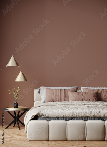 Modern interior design in trend color of the year mocha mousse accents. Golden details, rich furniture and cozy scene room. 3d render