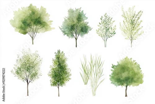 Set of watercolor trees, grass top view. Isolated on white background. Suitable for landscape plans, architecture layouts. Different green shades create calming natural design. Perfect for