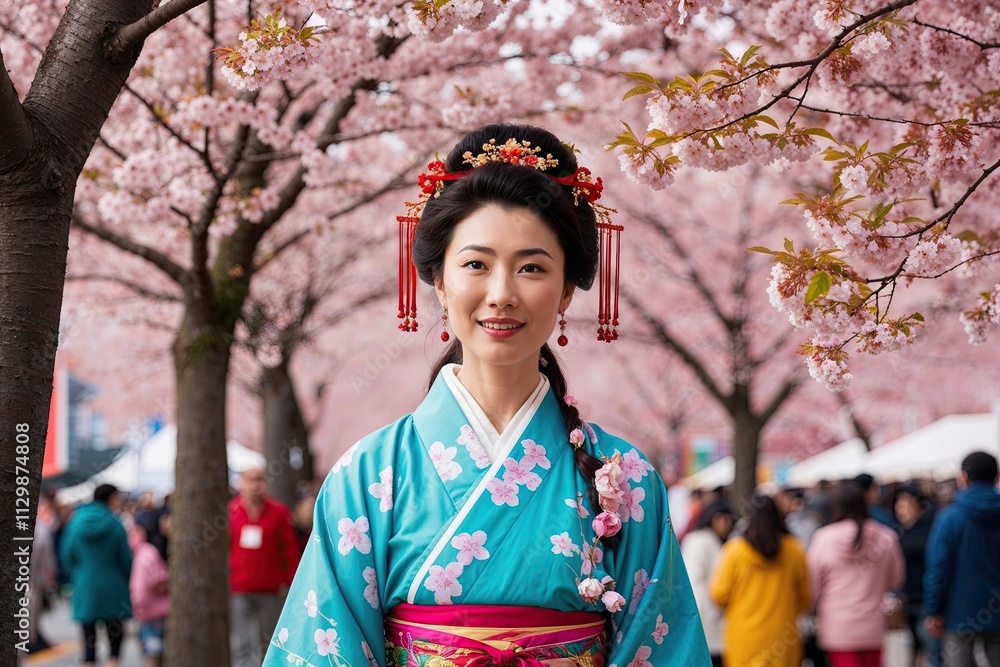Enchanted Spirit of an East Asian Woman Surrounded by Cherry Blossoms at a Colorful Seasonal Festival Enchanted Spirit of an East Asian Woman Surrounded by Cherry Blossoms at a Colorful Seasonal Festival