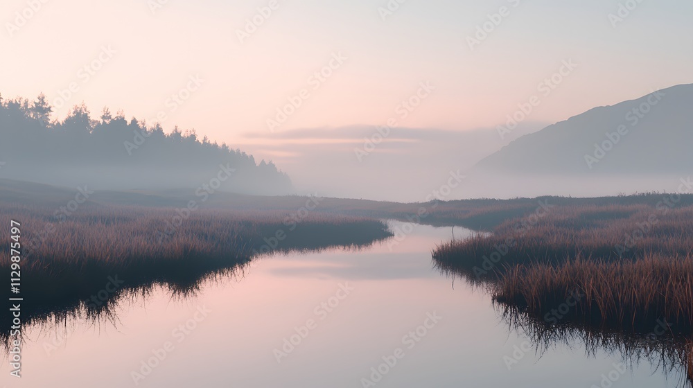 Fototapeta premium Serene dawn landscape with misty river reflecting soft pink sunrise light across tranquil wetlands.