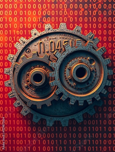 Gears on binary code symbolize rust's efficiency and performance in system programming. photo