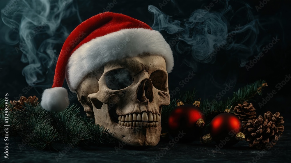 Skull wearing Santa hat surrounded by Christmas ornaments, pine branches. Dark, moody Christmas still life. Dark background with smoke. Spooky, festive image for holiday photo stock. Unique Skull wearing Santa hat surrounded by Christmas ornaments, pine branches. Dark, moody Christmas still life. Dark background with smoke. Spooky, festive image for holiday photo stock. Unique