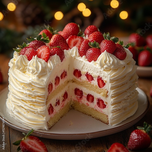 Strawberry Shortcake, Two Layers of Sponge Cake with Sliced Strawberries and Whipped Cream, Topped with Whole Berries photo