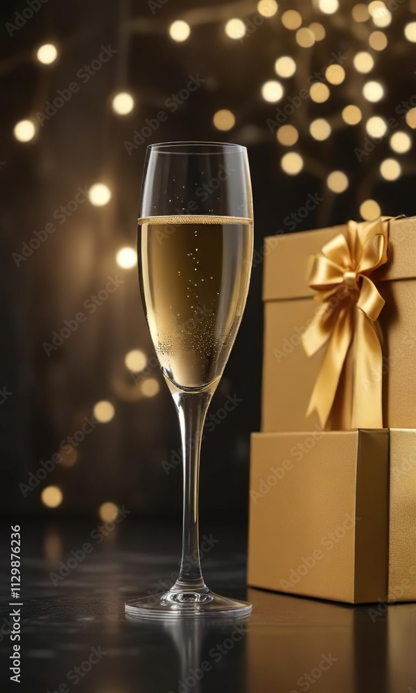 Elegant champagne glass with golden gift box on festive dark background with bokeh lights, champagne, festive, luxurious Elegant champagne glass with golden gift box on festive dark background with bokeh lights, champagne, festive, luxurious