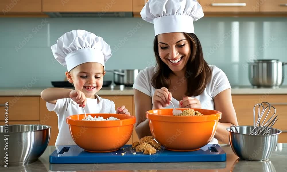 A mother and child baking together in the kitchen. A mother and child baking together in the kitchen.