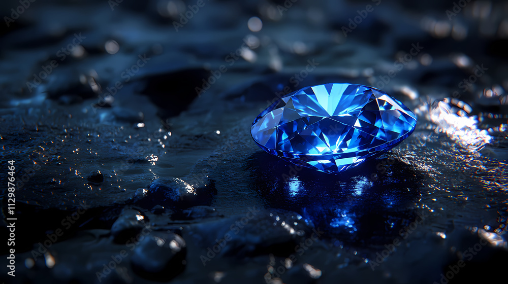 Deep blue sapphire gemstone sparkling on wet stone surface. Sapphire. Illustration Deep blue sapphire gemstone sparkling on wet stone surface. Sapphire. Illustration