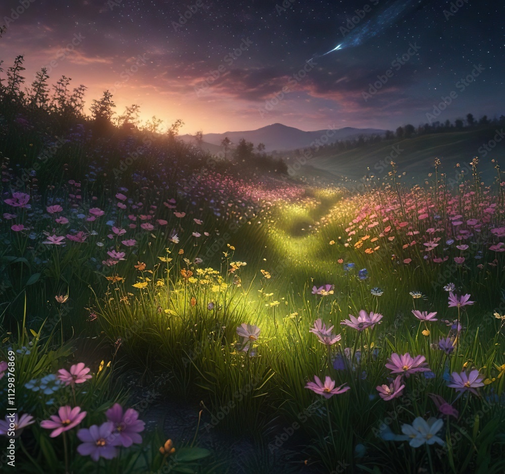 Fireflies dancing among colorful flowers in a lush green field bathed in soft moonlight and stardust, field, blooming flowers, floral Fireflies dancing among colorful flowers in a lush green field bathed in soft moonlight and stardust, field, blooming flowers, floral