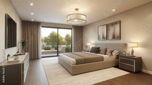Modern Bedroom Design Featuring a King Size Bed and Balcony View